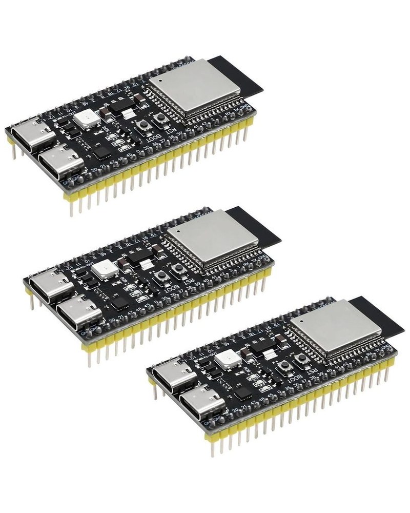 Three ESP32-S3 development boards with dual USB-C connectors