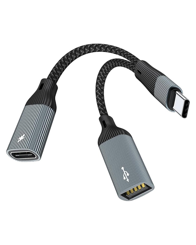 USB-C OTG splitter adapter with charging port and USB data port