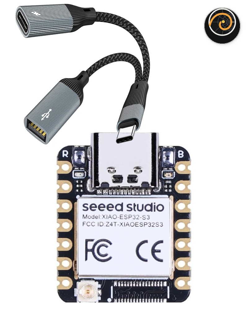 VNA Air Kit: XIAO ESP32S3 board with the USB-C OTG splitter adapter attached and the VnaAir logo