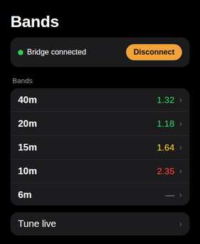 VNA Air Apple Watch app showing the bands list