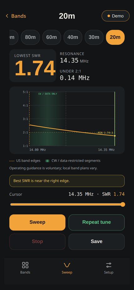 VNA Air iPhone app showing a 20m band sweep and its SWR curve