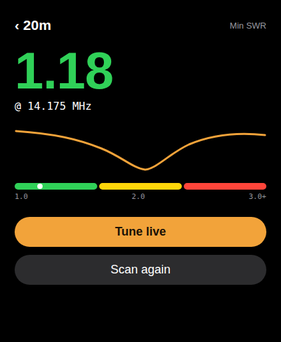 VNA Air Apple Watch app showing a band scan result