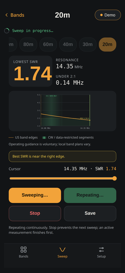 VNA Air iPhone app in repeat tune mode, updating SWR while the antenna is adjusted