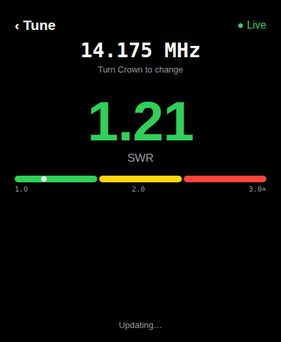 VNA Air Apple Watch app showing live tune SWR