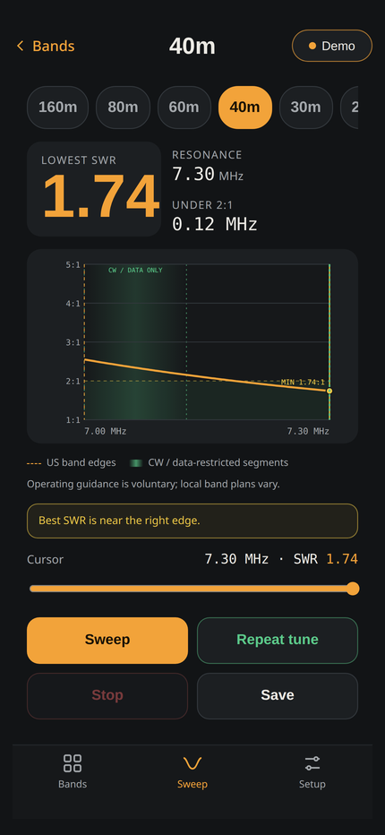 VNA Air iPhone app showing 40m band detail
