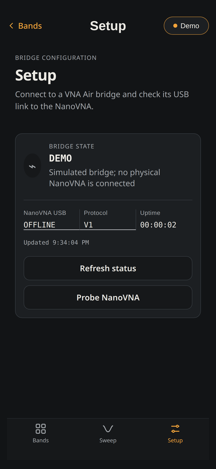VNA Air iPhone app setup screen for connecting to the bridge